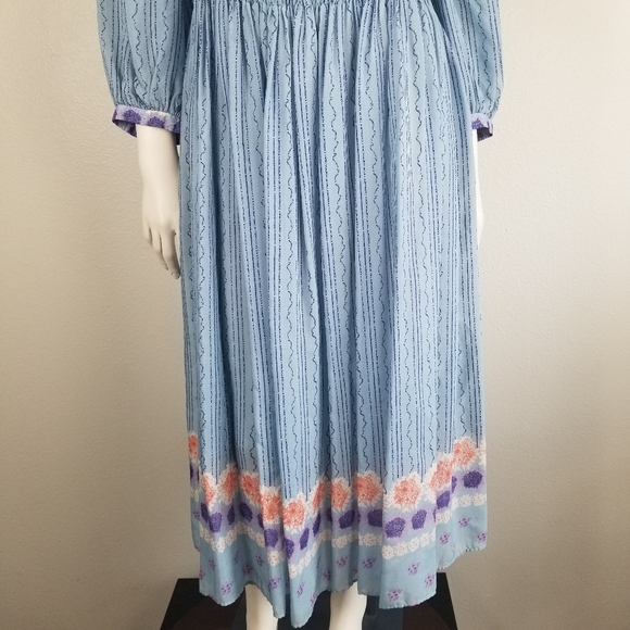 Vintage 70s Jean Jourdan Paris Prarie Peasant Cottagecore Blue Floral Midi Dress - Picture 5 of 10